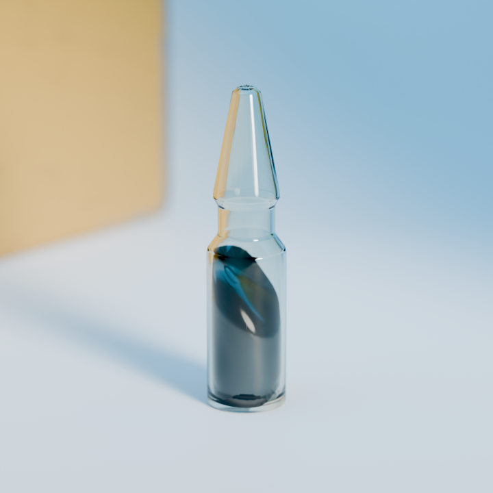 A glass ampoule containing a shiny metallic compound.